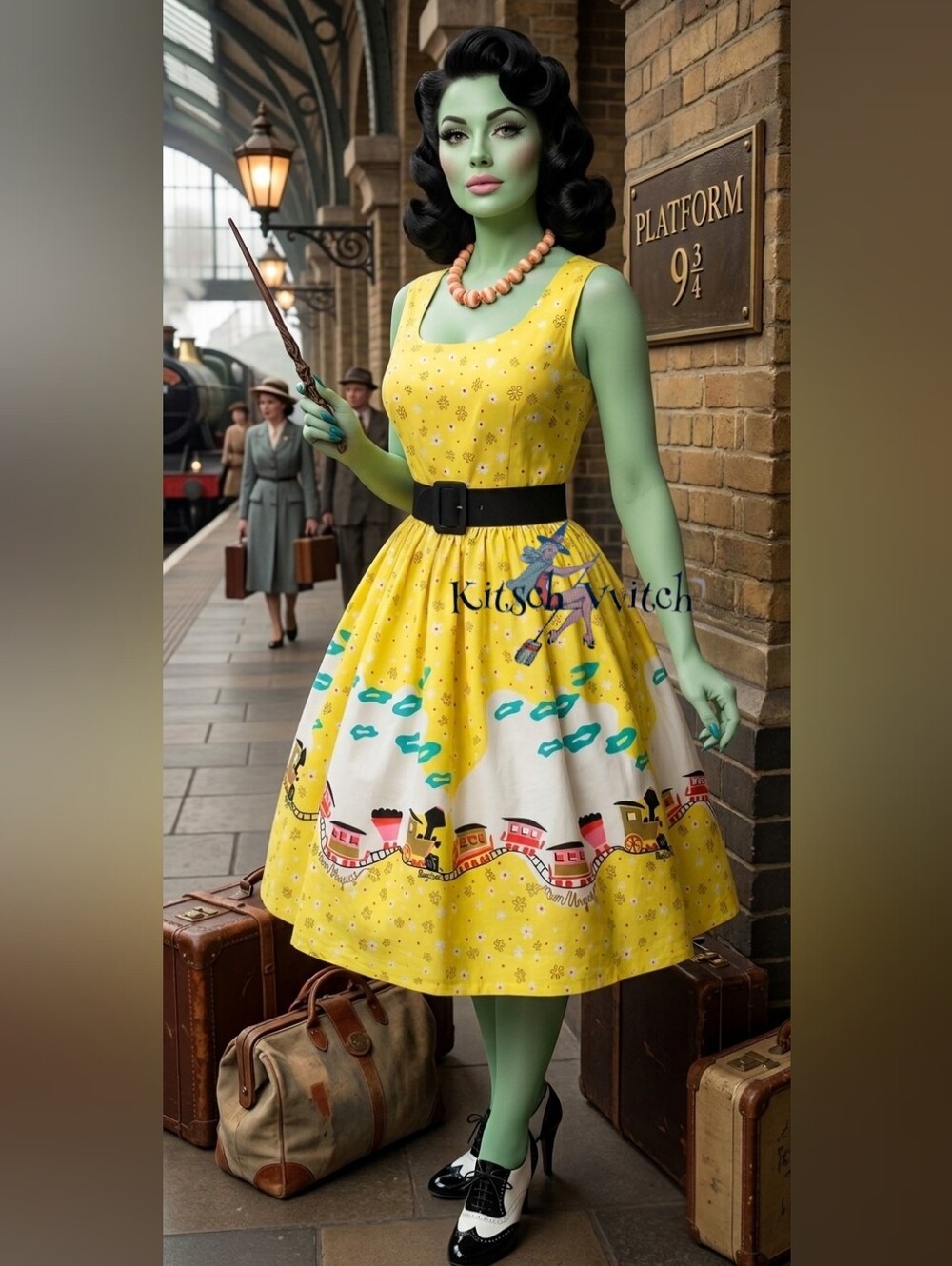 🚂 L "Bon Voyage" Trains Pinup Couture/Mary Blair Aurora Dress NWOT